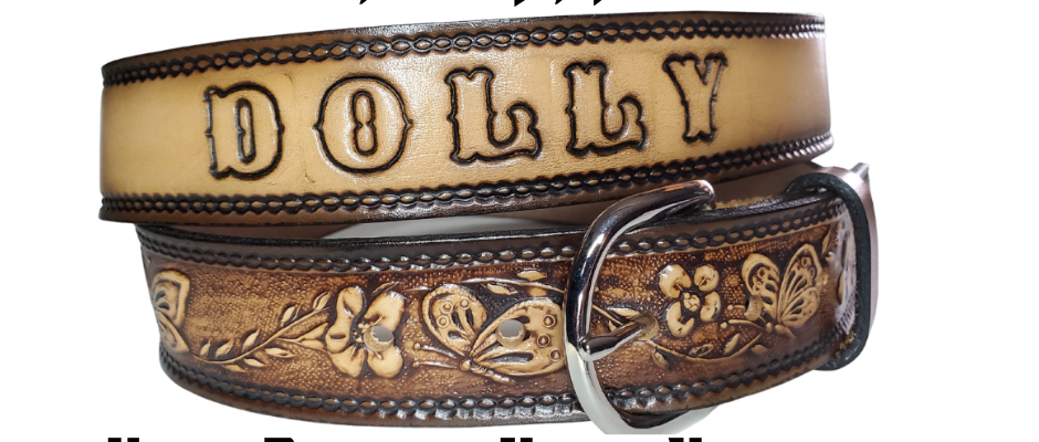 This stylish leather belt features beautiful flowers and butterfly artwork that is sure to draw attention. The easy-change metal buckle makes for comfortable wear and makes it easy to adjust for size. Perfect for adding a unique touch to any wardrobe. This belt is stocked in our shop outside Nashville in Smyrna, TN.