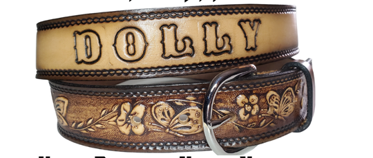 This stylish leather belt features beautiful flowers and butterfly artwork that is sure to draw attention. The easy-change metal buckle makes for comfortable wear and makes it easy to adjust for size. Perfect for adding a unique touch to any wardrobe. This belt is stocked in our shop outside Nashville in Smyrna, TN.