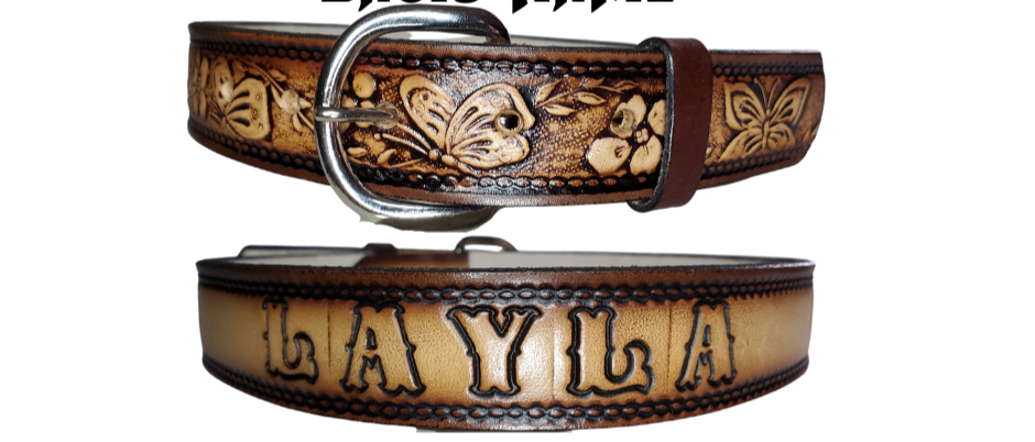 This Western styled leather Kid's belt features beautiful Flowers and Butterfly pattern that is sure to draw attention. The easy-change metal buckle makes for comfortable wear and makes it easy to add your own buckle. Perfect for adding a unique touch to any Kid's wardrobe. This belt is stocked in our shop outside Nashville in Smyrna, TN.