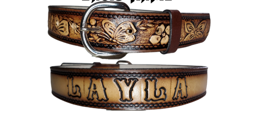This Western styled leather Kid's belt features beautiful Flowers and Butterfly pattern that is sure to draw attention. The easy-change metal buckle makes for comfortable wear and makes it easy to add your own buckle. Perfect for adding a unique touch to any Kid's wardrobe. This belt is stocked in our shop outside Nashville in Smyrna, TN.