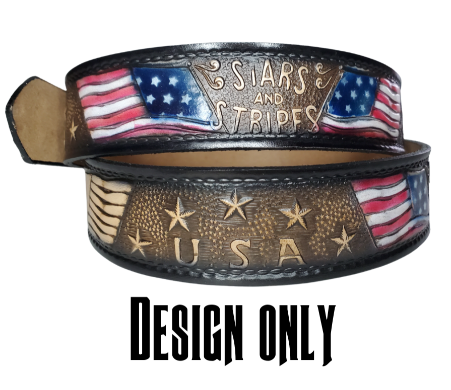 The Stars and Stripes leather belt is the Patriots go to belt! Patterned with American Flags, Stars and Stripes and USA around the belt. Available in a 1 1/2" width. Full grain vegetable tanned cowhide, Width is 1 1/2" and includes Nickle plated buckle that may be changed with Smooth burnished painted edges. In stock at our Smyrna, TN shop.