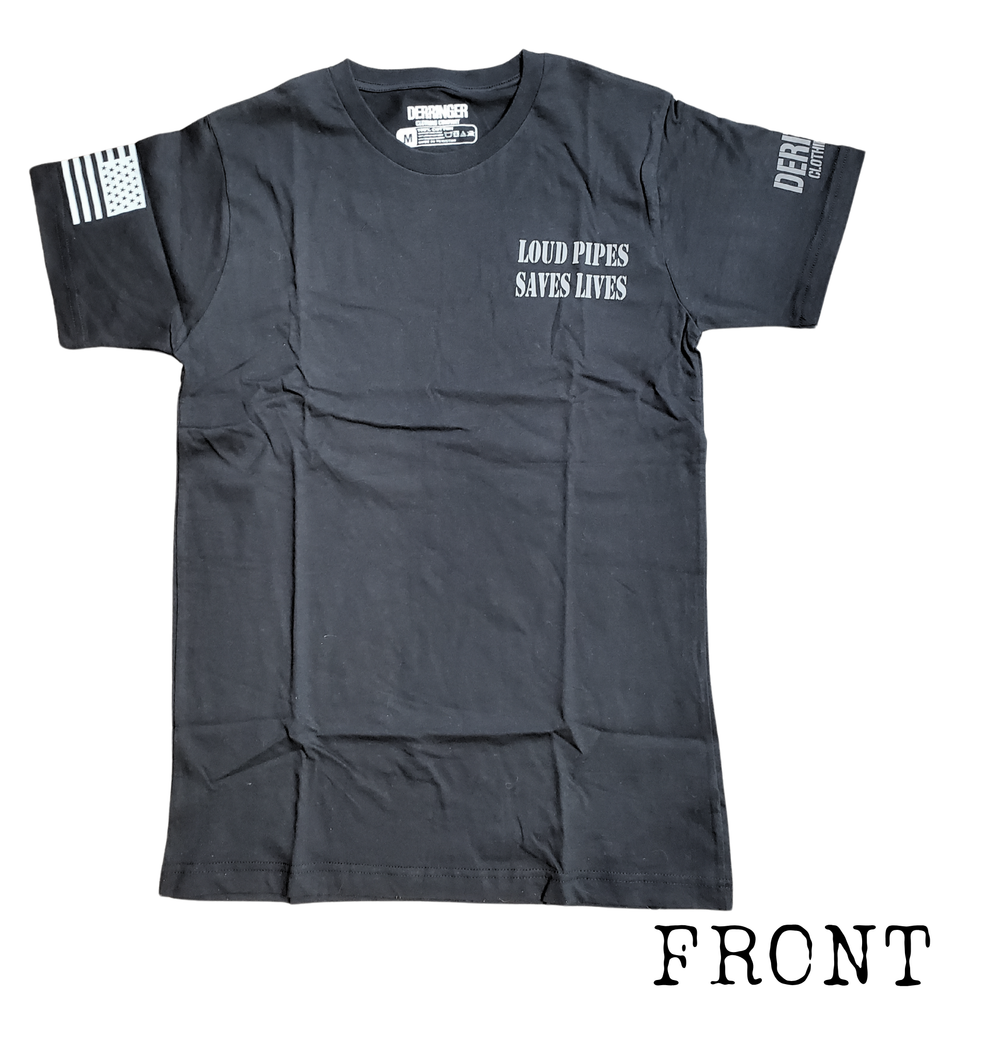 Make a statement with the REFLECTIVE design on our Loud Pipes Saves Lives short sleeve tee. Crafted from soft, lightweight cotton, it features bold "Loud Pipes Save Lives" graphics on the back, a smaller version on the chest, a USA flag on the right sleeve, and the Derringer logo on the left. Now stocked in our Smyrna, TN shop, just a short ride from Bumpus HD in Murfreesboro. Sizes M-3X.