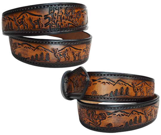 Our Frontiersman is named after the well known men who explored the original USA Frontier. This leather belt is crafted from high-quality Veg Tan cowhide and comes in four different color options. The edges are smooth and hand finished with a Deer and Squirrel outdoors scene. It's 1 1/2" wide, and available in sizes 34" to 44".  The removable Brushed Nickel plated solid brass buckle is attached with two snaps. Handmade in our Smyrna, TN, USA shop, just a short trip from Nashville.