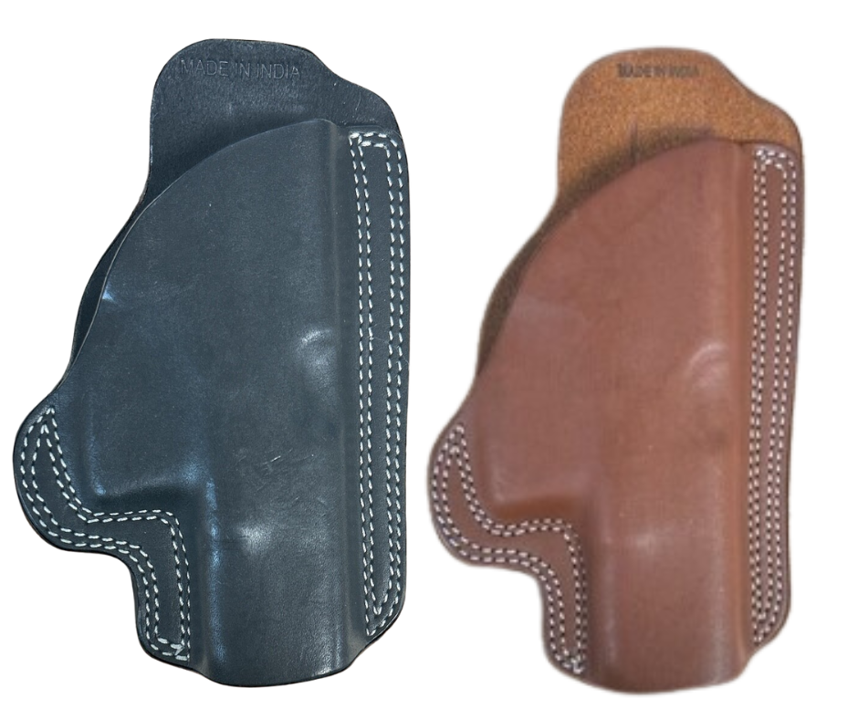 The Leather Belt Holster is a popular choice for everyday carry. Crafted with all leather and a metal belt clip, this holster offers convenience and style. Designed for a right-hand draw and compatible with most 1911 frames. Choose from Black, Brown, or Basket weave at our local shop in Smyrna, TN.