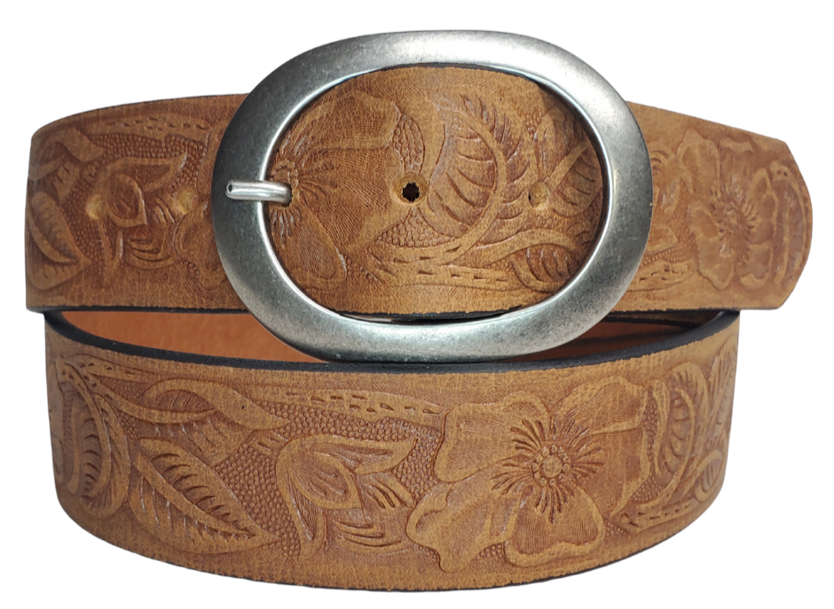 The "Cloverleaf" belt is embossed with a classy western floral pattern. The oval, center bar buckle is an Antique Nickel. Belt has snaps for easy buckle change and is made from a single strip of Embossed leather. Available in our shop just outside Nashville in Smyrna, TN.