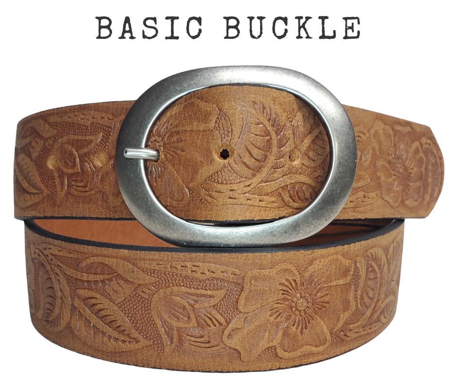 The "Cloverleaf" belt named after the pattern in Barrel racing has a Turquoise colored stone Buckle on distressed Brown western pattern design belt. Upgrade to the Turquoise Square western buckle that measures approx. 4" wide by 3" tall and also get the Basic Antique Nickel that looks great while Rodeoing or doin a 2 step. Belt has snaps for easy buckle change and is made from a single strip of Embossed leather. Available in our shop just outside Nashville in Smyrna, TN.