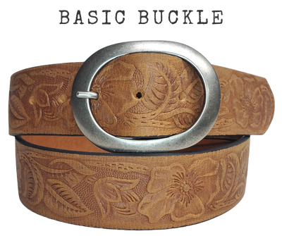 The "Cloverleaf" belt named after the pattern in Barrel racing has a Turquoise colored stone Buckle on distressed Brown western pattern design belt. Upgrade to the Turquoise Square western buckle that measures approx. 4" wide by 3" tall and also get the Basic Antique Nickel that looks great while Rodeoing or doin a 2 step. Belt has snaps for easy buckle change and is made from a single strip of Embossed leather. Available in our shop just outside Nashville in Smyrna, TN.