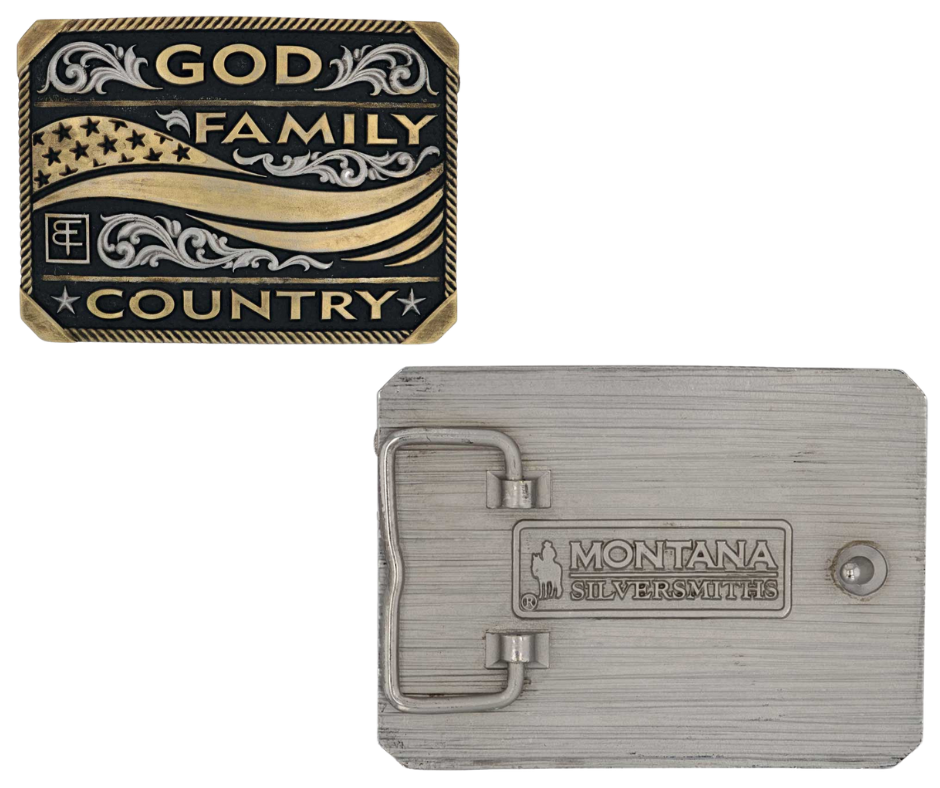 Everything within our Warrior Collection is inspired by our Faith in God himself. He is the Alpha and the Omega. He is the beginning and the end. The Warrior Collections logo represents God, the beginning (backward B), and end (forward-facing against the B). This buckle holds the Warrior Collections logo in the center with the words "Family" above, "God" at the top, and "Country" at the bottom.  Available in our Smyrna shop or a short drive from Nashville TN. 