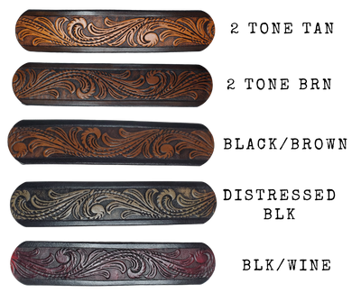 This Guitar Strap is crafted to the same high quality as our Custom belts! It's made of 1/8" thick, vegetable-tanned cowhide, with beveled and black painted edges, and a unique hand stained finish and a Hand Painted Name. The main strap is one 1 1/2" wide, with a single hole in the front and 3-hole adjustment on the back. We proudly manufacture it in Smyrna, TN - just outside Nashville. 