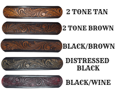 Electric Guitars, Great Songs and Lyrics have been staple for years in Country music!  "This 2" or 2 1/2" wide Guitar Strap is a nod to that classic influence. The main Body of the strap is approx. 1/8" thick Black Leather Strap.  CUSTOMIZE your Color options on a  Western Floral LEATHER PATCH. The classic adjustment style goes from approx. 42" to 56" at it's longest . Made just outside Nashville in our Smyrna, TN. shop. It will need a bit of time to "break in" but will get a great patina over time. 
