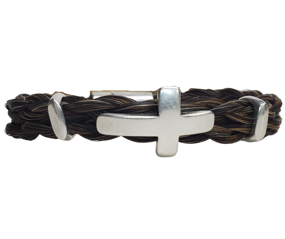 Display your Faith with a stylish Western-themed braided Horsehair bracelet. This accessory features a sturdy magnetic clasp and can be worn snugly or even in the water, as long as you remove it before swimming or showering. Come see it at our shop in Smyrna, TN, conveniently located just off I-24. Handcrafted in Montana using horsehair from Argentina, Mongolia, and Canada.