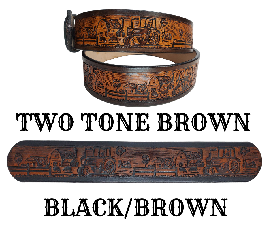 The Homestead Belt showcases the quintessential self-sustaining lifestyle through the imagery of Chickens, Tractors, Cows, and Barns. Made with 1/8" thick leather and 1 1/2" wide, the Antiqued Solid Buckle Silver is easily interchanged with two snaps. Personalize your belt with up to 10 letters. Buy yours online or come see us in Smyrna, TN, close to Nashville.
