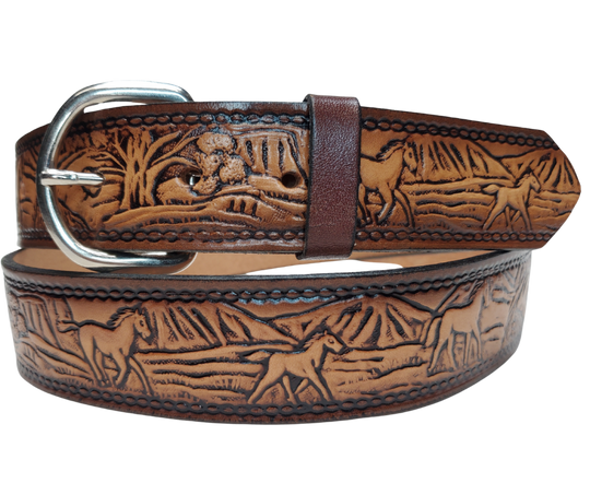 This stylish leather belt features Running Horses artwork that is sure to draw attention. The easy-change metal buckle makes for comfortable wear and makes it easy to adjust for size. Perfect for adding a unique touch to any wardrobe. This belt is stocked in our shop outside Nashville in Smyrna, TN.