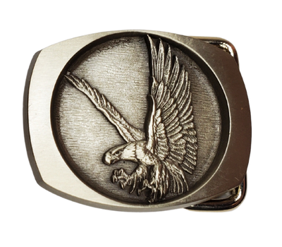 Rectangle shaped antique Bronze belt buckle with  Flying Eagle.  Available online and at our shop just outside Nashville in Smyrna, TN.   Made in USA CAST Solid Bronze fits 1" or 1 1/4"" belts. Genuine apparel for men and women SIZE 2.5" x 2.5". Newly manufactured belt buckle using 1970's-1980's molds.