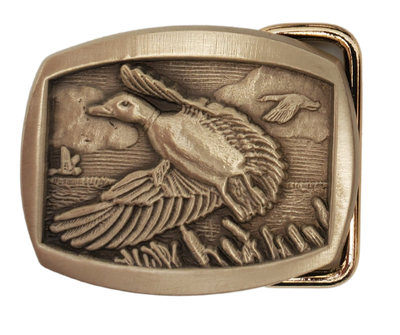 If you like narrow belts and buckles this antique Bronze belt buckle is perfect for you. Rectangle/Oval shaped with rounded corners, featuring a Flying Duck on a cattail edged lake. Don't miss out on getting it online or in-store at our shop near Nashville in Smyrna, TN.
