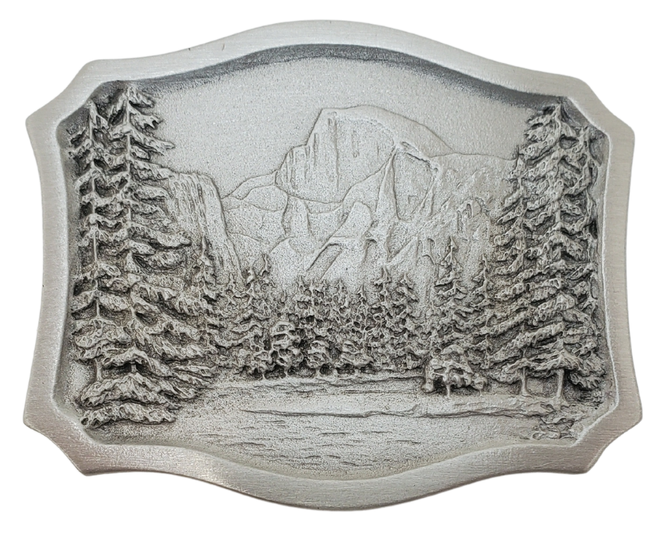 Shield shaped antique silver colored belt buckle with the well known Yosemite National Park scene with a 70's vibe.  Available online and at our shop just outside Nashville in Smyrna, TN.