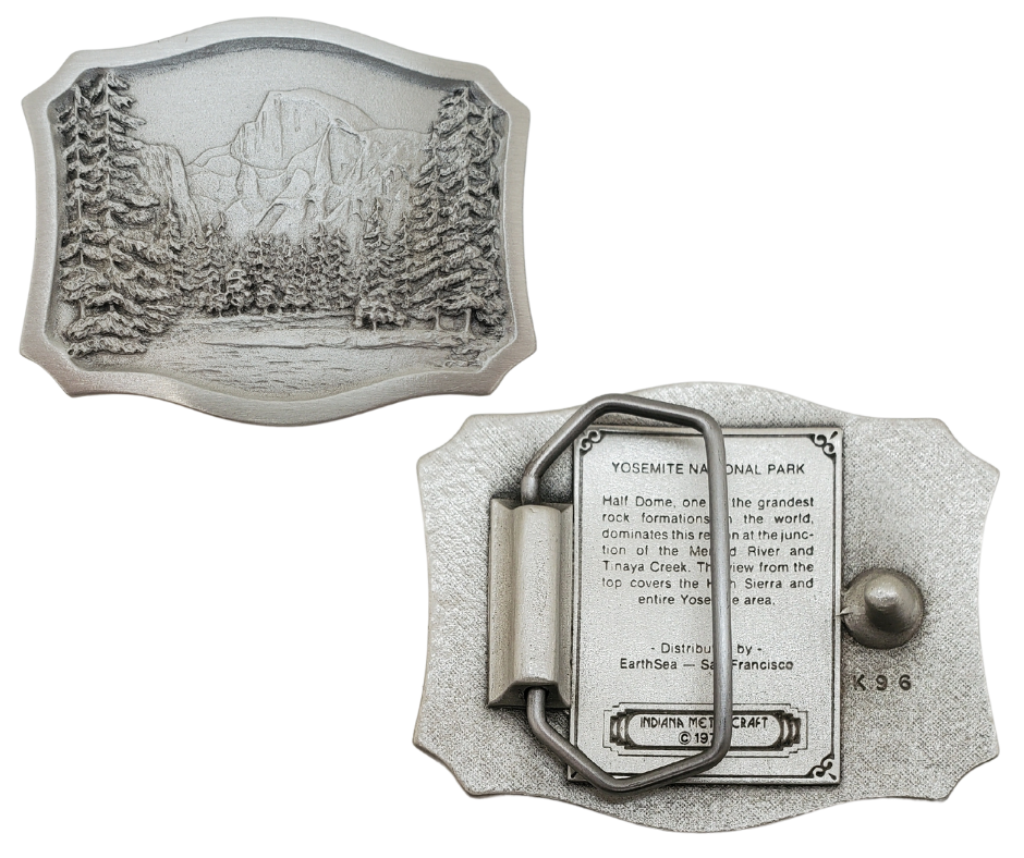 Shield shaped antique silver colored belt buckle with the well known Yosemite National Park scene with a 70's vibe.  Available online and at our shop just outside Nashville in Smyrna, TN.