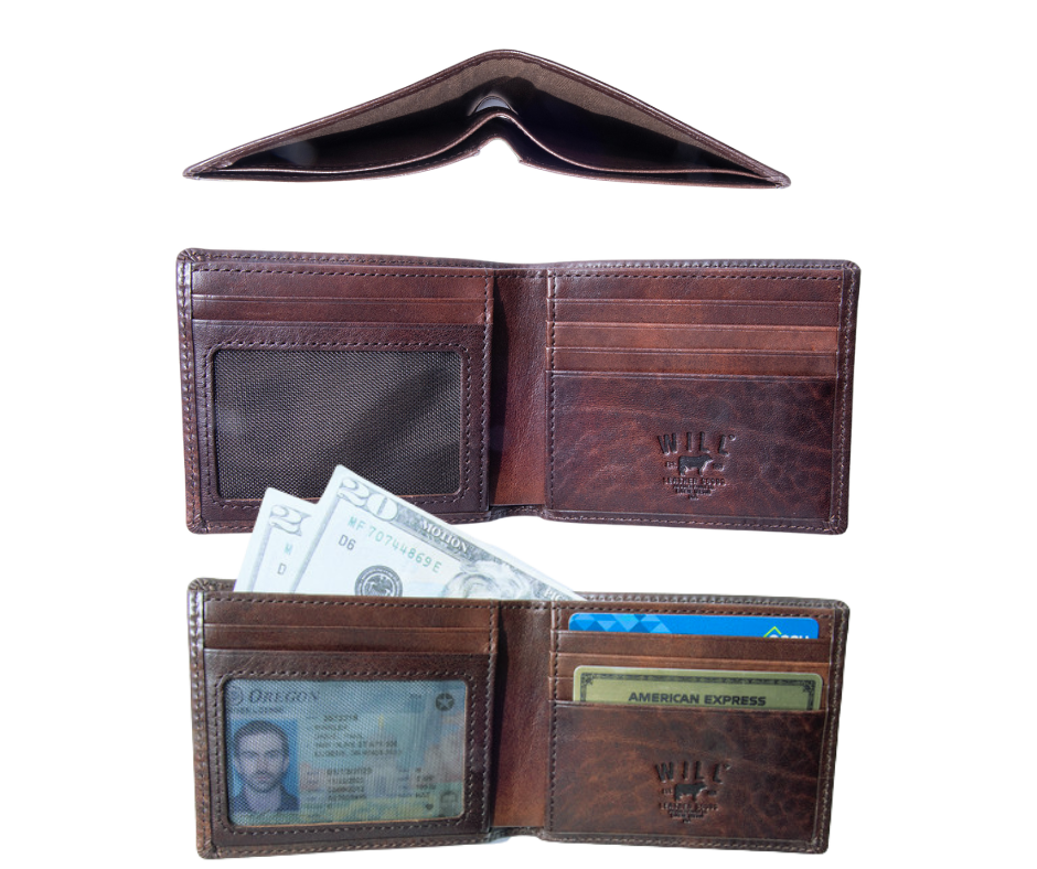 Italian Full Grain Veg-Tan is some of the finest leather in the world. Yes it cost more but when you want the best your willing to pay a bit more. Smooth and soft Italian calfskin with a glossy finish in Brandy and Cognac. 5 card slots, I.D. slot, 2 cash pockets. It's compact 3" x 4" x .75" size is right size for your daily needs. Now stocked at our Smyrna, TN store not far from Famous Franklin. Made by Will Leather, Imported.