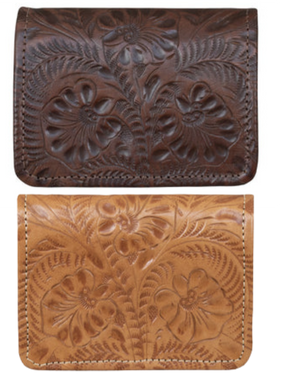 Indulge with this full grain leather tri-fold wallet! Every detail is hand-stained and hand-tooled in a western floral pattern, with a snap closure and a back zippered pocket for extra coins. Open it up to reveal 8 card slots, plus 3 other card-sized compartments, a clear ID slot, and two cash compartments. The pockets are lined with a light cotton linen to keep it slim. Swing by our Smyrna, TN shop (just off I24 from Nashville) to get yours today!