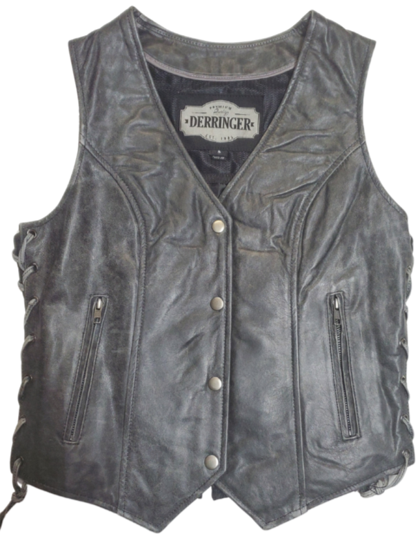 Distressed Grey ladies leather side laced motorcycle riding vest. Made from lighter weight Lambskin and contains conceal carry pockets on front insides. It has a 3 panel pack and snap front closure. It has a v-neck opening and a V-slot on the lower back for a better fit. Available for purchase in our leather shop in Smyrna, TN, near Nashville. Available in sizes small to 5x.