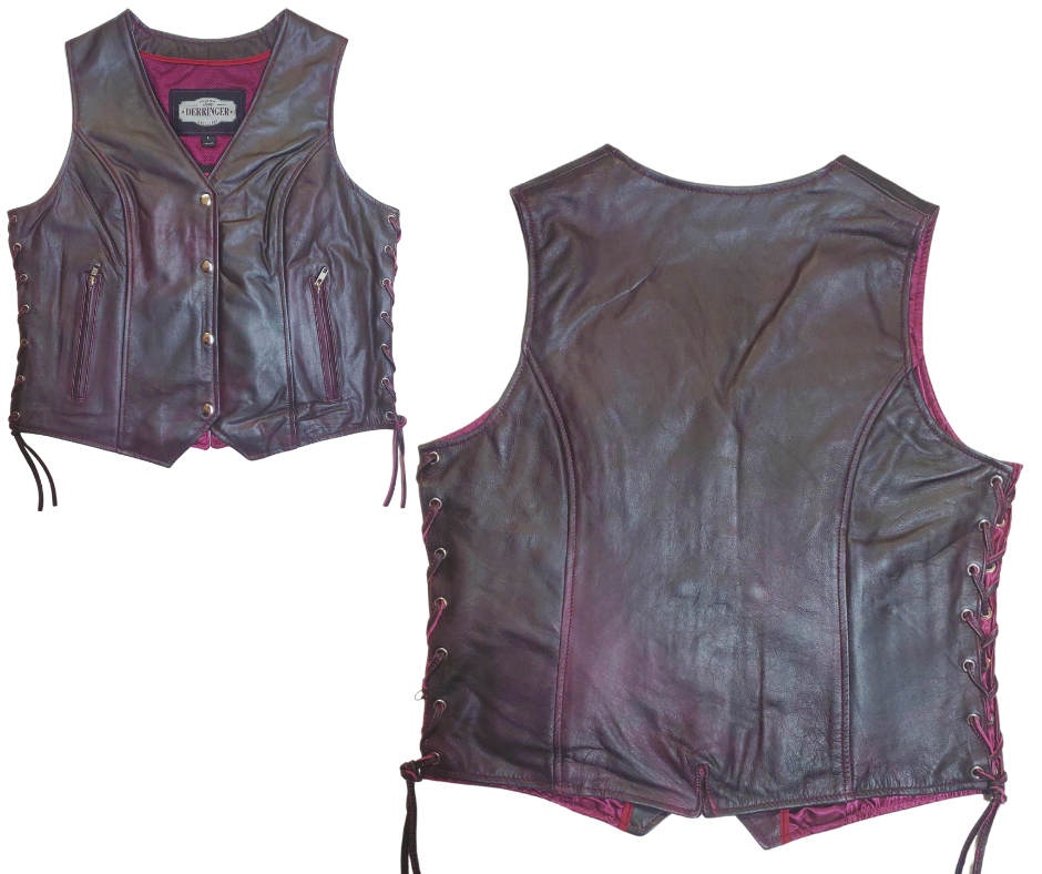 This ladies' vest features a soft purple color, V-neck design, and lace detailing on the sides for a casual and comfortable look. Made from lightweight Lambskin. The 3 panel pack and snap front closure add to the practicality of this vest. Not to mention, the V-notch on the lower back ensures a perfect fit. Visit our leather shop in Smyrna, TN, near Nashville, and choose from sizes small to 5x.