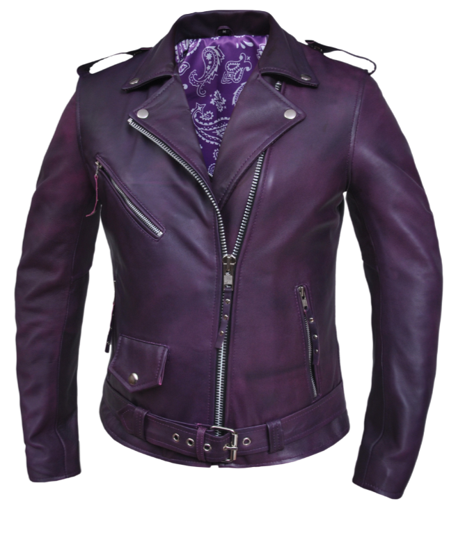 This timeless Original Motorcycle Style Jacket has been popular for over 100 years and is still a classic choice. Made with soft and supple Deep Purple Lamb skin and featuring a Paisley lining, as well as antique silver hardware, this jacket is both stylish and durable. It also includes 3 outside pockets and 2 inside pockets for convenience. Stocked at our Smyrna, TN store outside of Nashville. 
