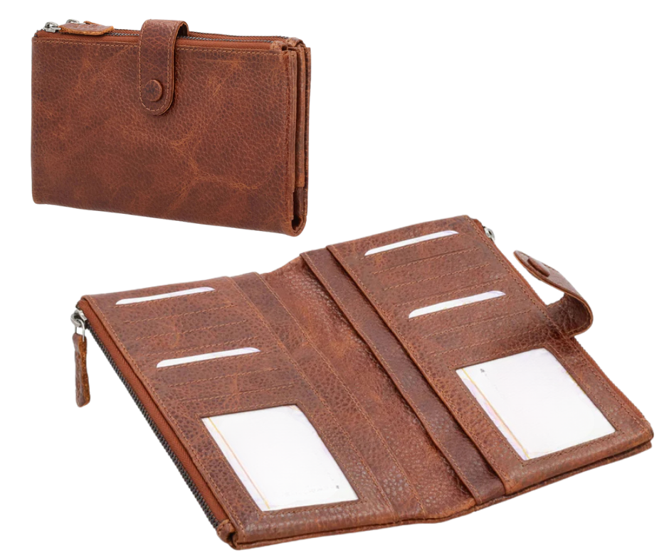 The Maya Slim RFID Leather Clutch Wallet is available at our Smyrna, TN shop. Crafted from genuine buffalo leather. It's perfect for those who need to carry numerous cards, IDs, bills, and coins without the bulk of a traditional wallet. With RFID protection, your personal information remains secure from electronic theft. The Maya Slim RFID Leather Wallet is the perfect blend of form and function, making it an essential accessory for all women.
Wallet Dimensions 7.5” L x 4” H x .75” D