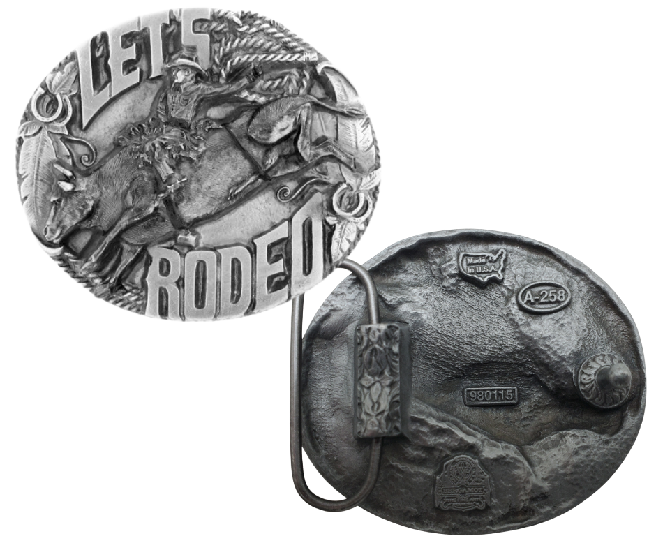 The Rodeo is a Western Culture staple. Bull riding, Calf Roping, Barrel Racing is among the favorite events. Crafted from top-quality pewter, it is specifically made to fit 1 1/2" belts and measures 2 1/2" tall x 3" across.  Find it at our shop in Smyrna, TN, just a short drive from Nashville.