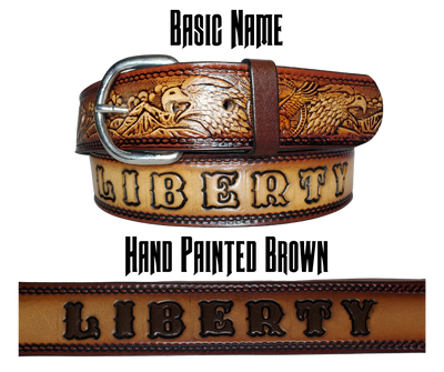 This All American Eagle leather belt features Wild Eagles in an antiqued Brown finish with a 1 1/2" width. It is crafted from full grain veg-tanned cowhide, with smooth burnished painted edges and a nickel-plated buckle. For customizing, simply type your desired name or No Name in the "Type Name Here" section,  the buckle can be easily interchanged as well. This product is in stock at our Smyrna, TN shop