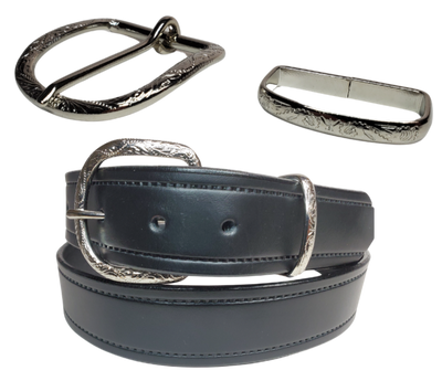 "Western up" your belt in a simple way with Buckle and Loop set. Stop in our shop in Smyrna, TN, just outside of Nashville to see a selection of what we call Basic buckles. This classic floral Nickel plated 2 pc set will do the job. Fits 1 1/2" belts.   Color - Antique Nickel