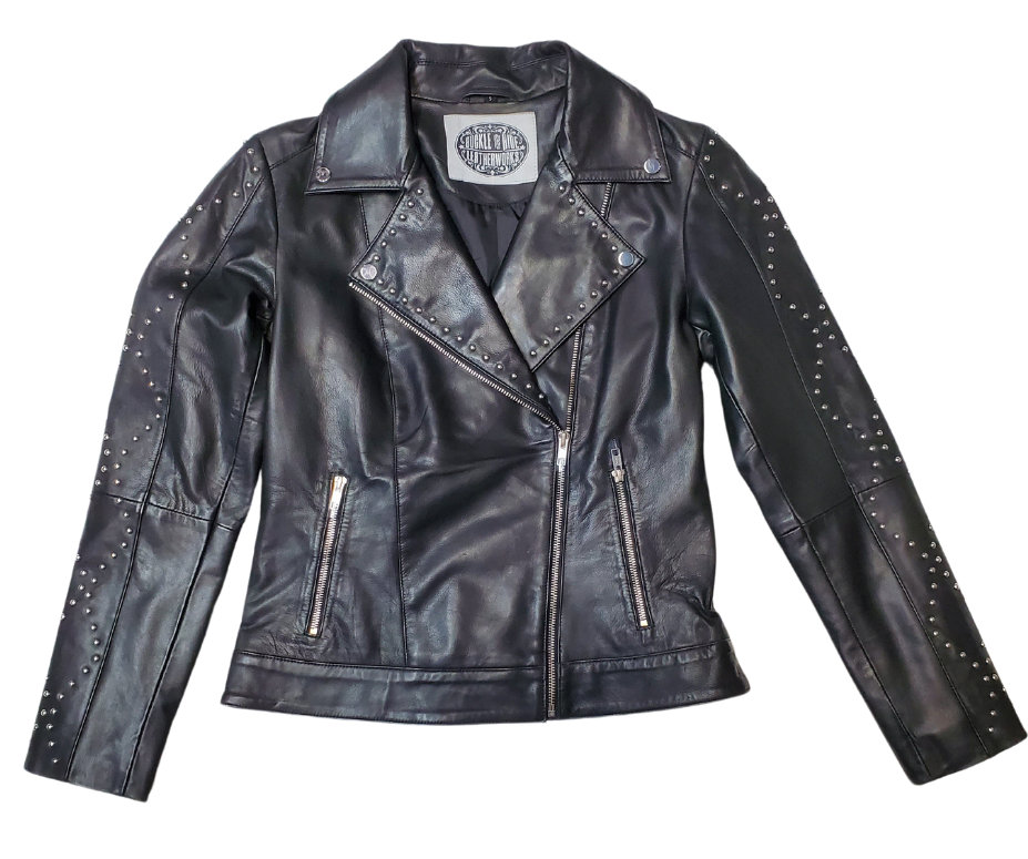 This Studded Black MC Zip front Lamb skin jacket is soft and supple a update of a timeless classic, it features black lining, antique silver hardware, and 3 outside pockets and two inside pockets. Bring your inner rocker! You can find it near Nashville, in Smyrna, TN. Sizes XS-5XL Call for size availability.