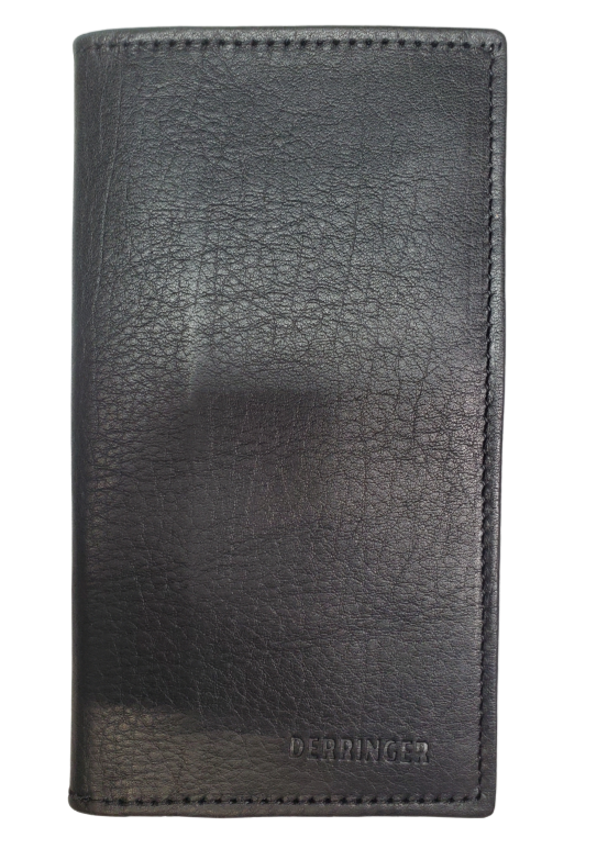 The "Derringer" is a popular Long Style Bi-fold Wallet in black, and lined with RFID blocking fabric. It's a thinned Cowhide LEATHER with nylon lining for a lighter weight and slimmer profile! Inside are 12 nylon lined card slots with an I.D. slot, 2 open slots, and 3 underneath cash slots, for all your important stash. Size is 6 3/4" x 3 1/2" closed, and 7 1/2" x 6 3/4" fully open. Like most wallets over stuffing will limit the time of use. Imported