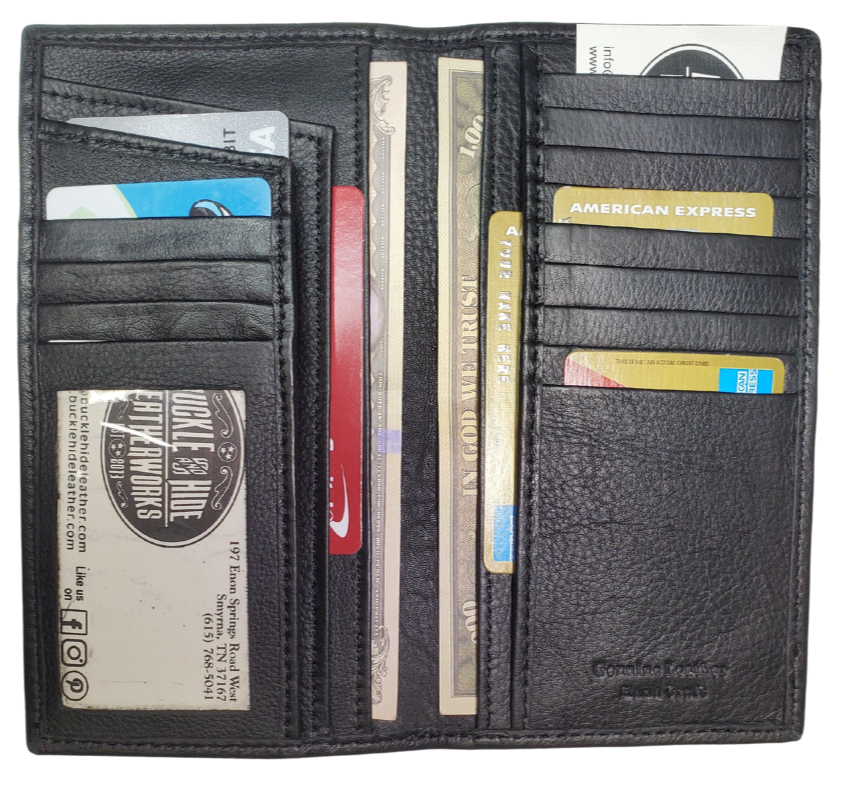 The "Derringer" is a popular Long Style Bi-fold Wallet in black, and lined with RFID blocking fabric. It's a thinned Cowhide LEATHER with nylon lining for a lighter weight and slimmer profile! Inside are 12 nylon lined card slots with an I.D. slot, 2 open slots, and 3 underneath cash slots, for all your important stash. Size is 6 3/4" x 3 1/2" closed, and 7 1/2" x 6 3/4" fully open. Like most wallets over stuffing will limit the time of use. Imported