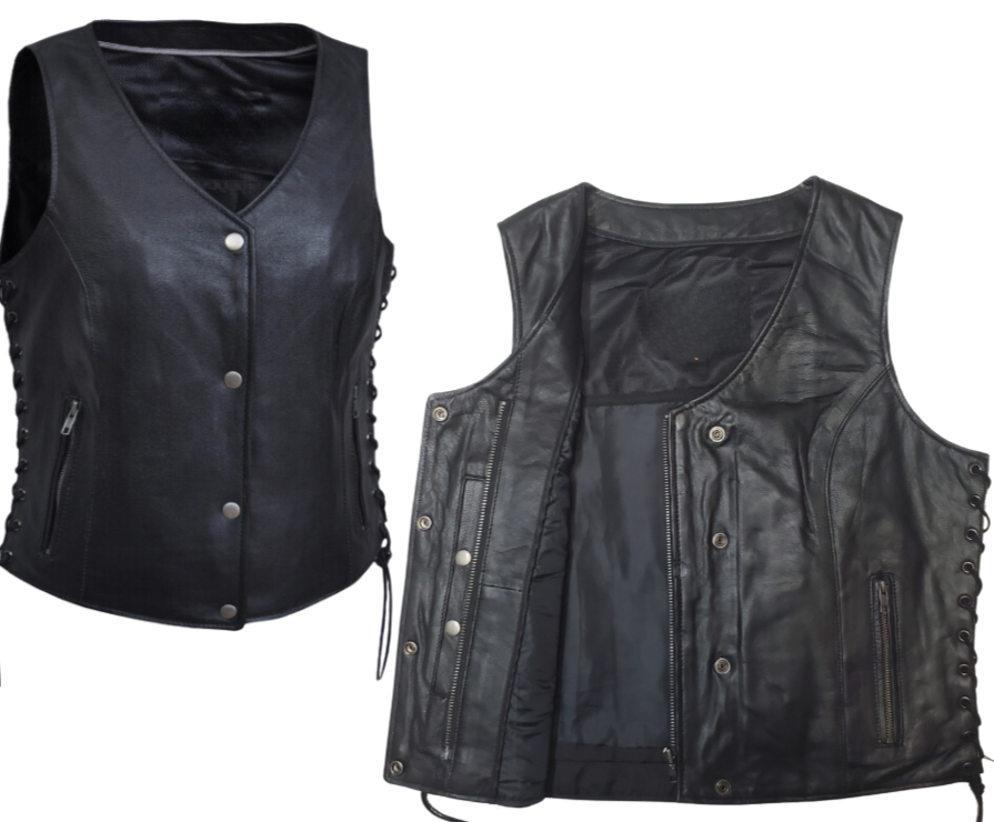 Classic V-neck style ladies leather side laced motorcycle riding vest featuring a SNAP/ZIP front. Made from lighter weight Lambskin and is Available for purchase in our leather shop in Smyrna, TN, near Nashville. Available in sizes small to 5x.