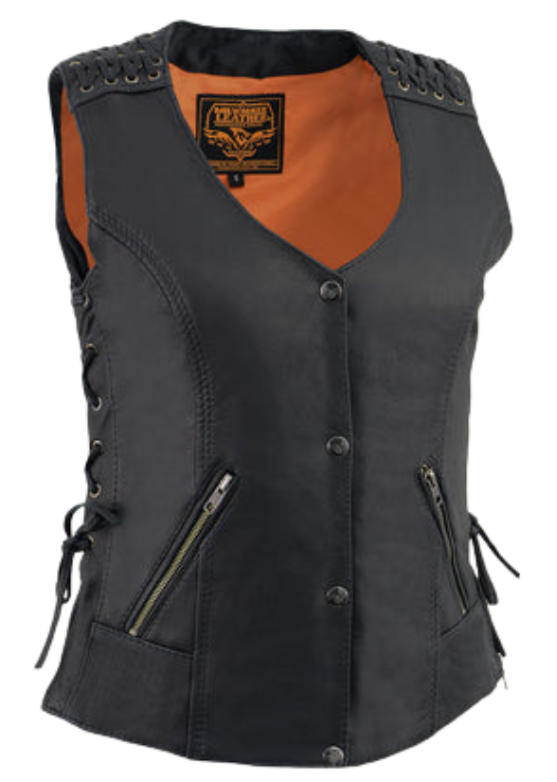 Updated V-neck style ladies leather with woven/lace shoulders and lower back motorcycle riding vest. Made from lighter weight Goatskin and contains conceal carry pockets, and 2 zippered small pockets on front sides. It has mostly 1 panel pack and snap front closure. Available for purchase in our leather shop in Smyrna, TN, near Nashville. Available in sizes small to 5x.