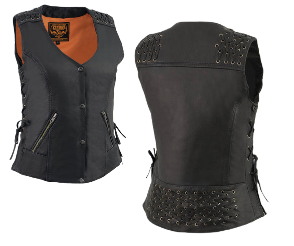 Updated V-neck style ladies leather with woven/lace shoulders and lower back motorcycle riding vest. Made from lighter weight Goatskin and contains conceal carry pockets, and 2 zippered small pockets on front sides. It has mostly 1 panel pack and snap front closure. Available for purchase in our leather shop in Smyrna, TN, near Nashville. Available in sizes small to 5x.