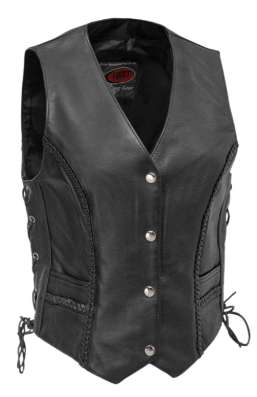 Ladies V-neck style vest with Braided accents on the front and back. Soft cowhide leather vest with v-neck and snap front closure. It has solid sides and 2 outside front pockets. It has multi paneled back and side laces.  Available for purchase in our shop in Smyrna, TN, just outside Nashville.  Available in sizes XS-5X.