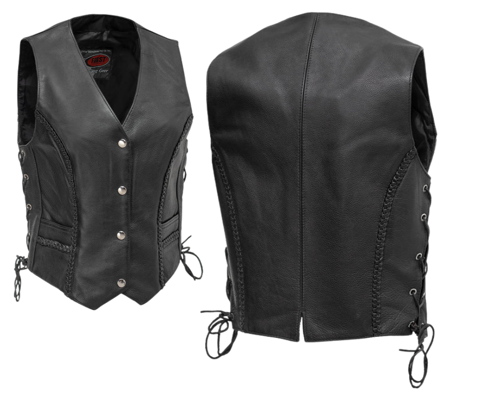 Ladies V-neck style vest with Braided accents on the front and back. Soft cowhide leather vest with v-neck and snap front closure. It has solid sides and 2 outside front pockets. It has multi paneled back and side laces.  Available for purchase in our shop in Smyrna, TN, just outside Nashville.  Available in sizes XS-5X.