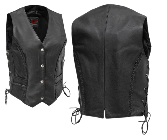 Ladies V-neck style vest with Braided accents on the front and back. Soft cowhide leather vest with v-neck and snap front closure. It has solid sides and 2 outside front pockets. It has multi paneled back and side laces.  Available for purchase in our shop in Smyrna, TN, just outside Nashville.  Available in sizes XS-5X.