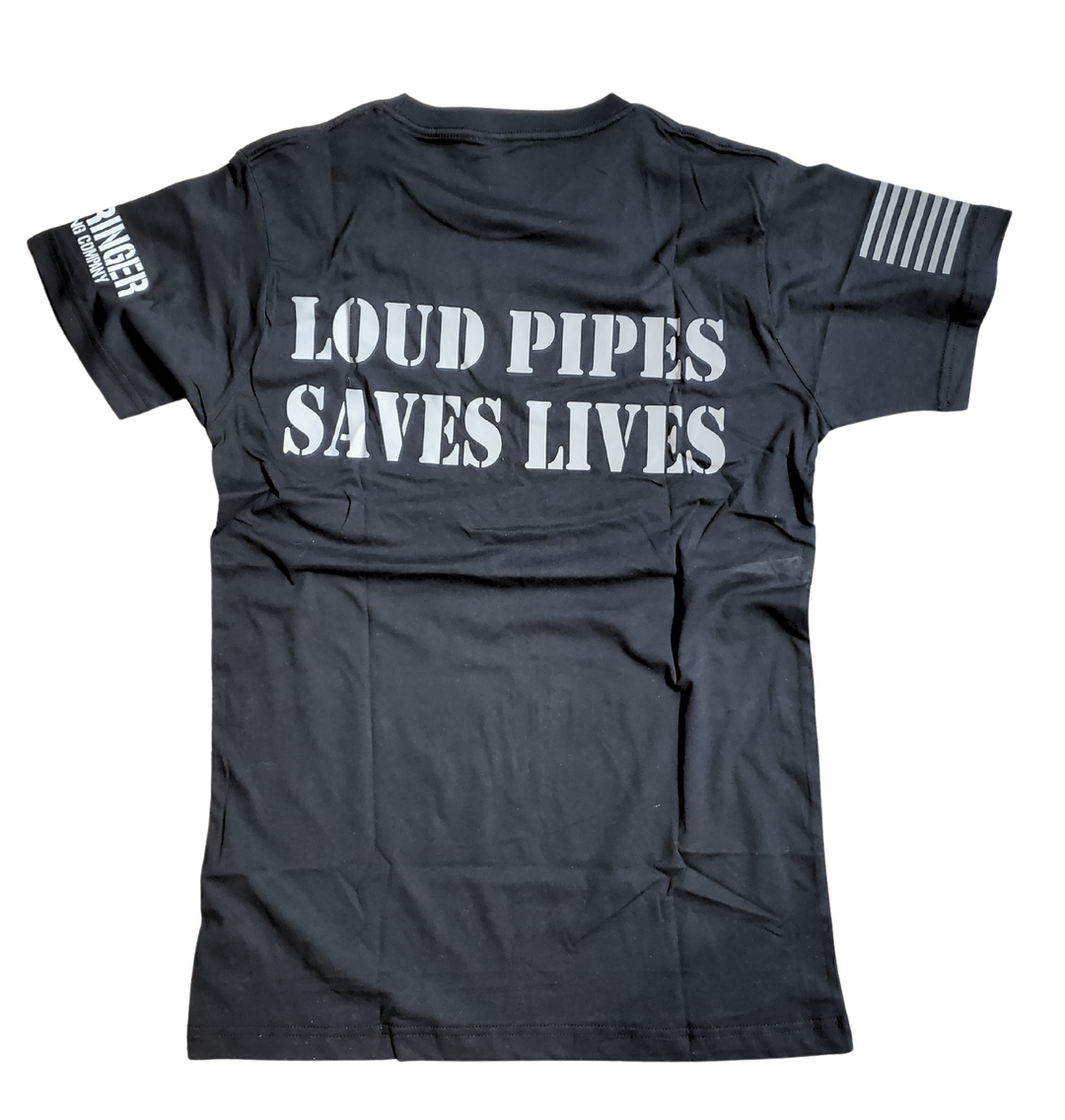 Make a statement with the REFLECTIVE design on our Loud Pipes Saves Lives short sleeve tee. Crafted from soft, lightweight cotton, it features bold "Loud Pipes Save Lives" graphics on the back, a smaller version on the chest, a USA flag on the right sleeve, and the Derringer logo on the left. Now stocked in our Smyrna, TN shop, just a short ride from Bumpus HD in Murfreesboro. Sizes M-3X.
