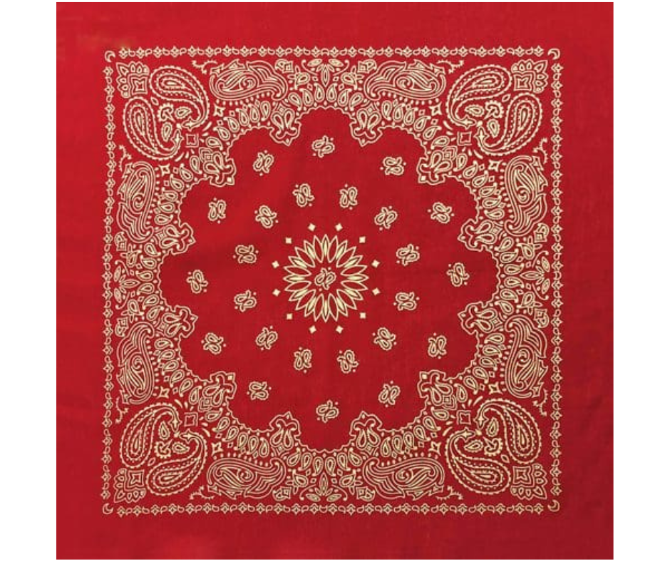Metallic Paisleys are an updated look to the traditional bandana. Same pattern style just with gold metallic foil making the paisley pattern. Imported (One Sided Print Only) in 22"x 22". Bandanas have been around for over 75 years and are still a staple in culture whether it's a farmer, an MC, or a Rock star.