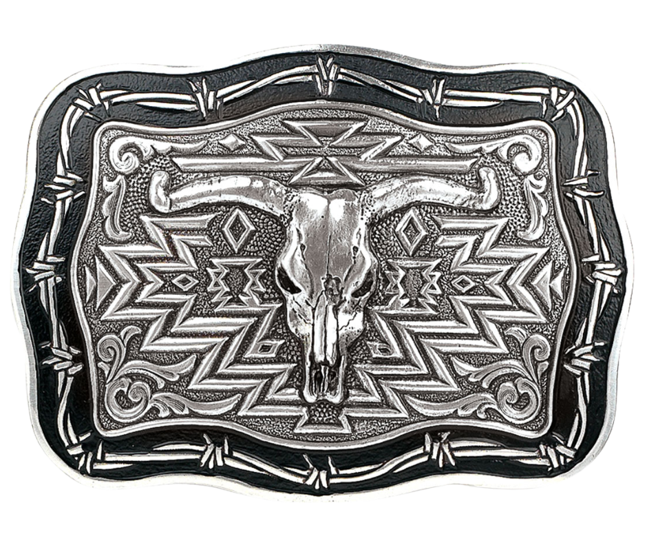 Embrace the Southwest's Barbwire aesthetic with this rectangular Antique Silver buckle. Including a Longhorn skull centerpiece and a scroll design etched surface, this 3" tall by 4" wide accessory is ideal for belts up to 1 1/2" wide. Its antique silver color adds a distinctive touch. You can find it at our retail shop in Smyrna, TN or online purchasing options are also available.