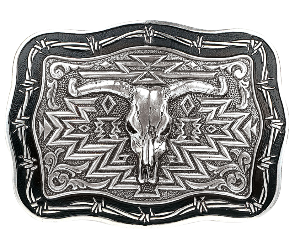 Embrace the Southwest's Barbwire aesthetic with this rectangular Antique Silver buckle. Including a Longhorn skull centerpiece and a scroll design etched surface, this 3" tall by 4" wide accessory is ideal for belts up to 1 1/2" wide. Its antique silver color adds a distinctive touch. You can find it at our retail shop in Smyrna, TN or online purchasing options are also available. 