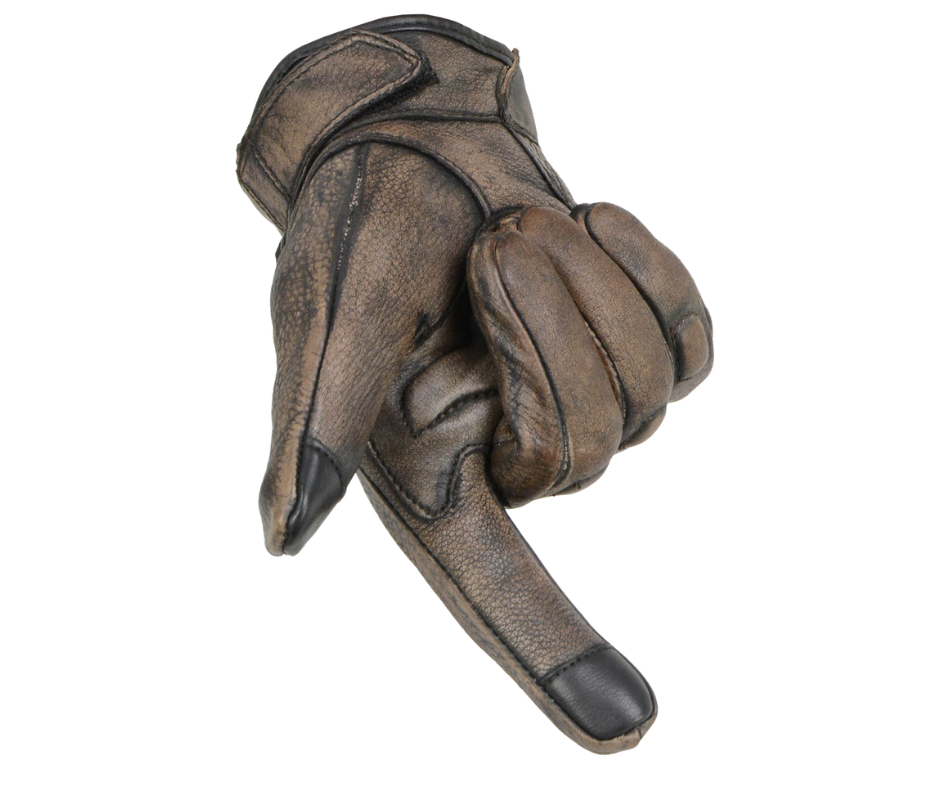 Made of Full Panel Premium Distressed Brown Cowhide Leather. Short Wristed Styling with Adjustable Wrist Strap. Lightly Lined for Comfort and Protection Gel Padded Palm Cuts Down on the Vibrations While Riding. Knuckle Guards for Added Protection. They are available in our shop just outside Nashville in Smyrna, TN.