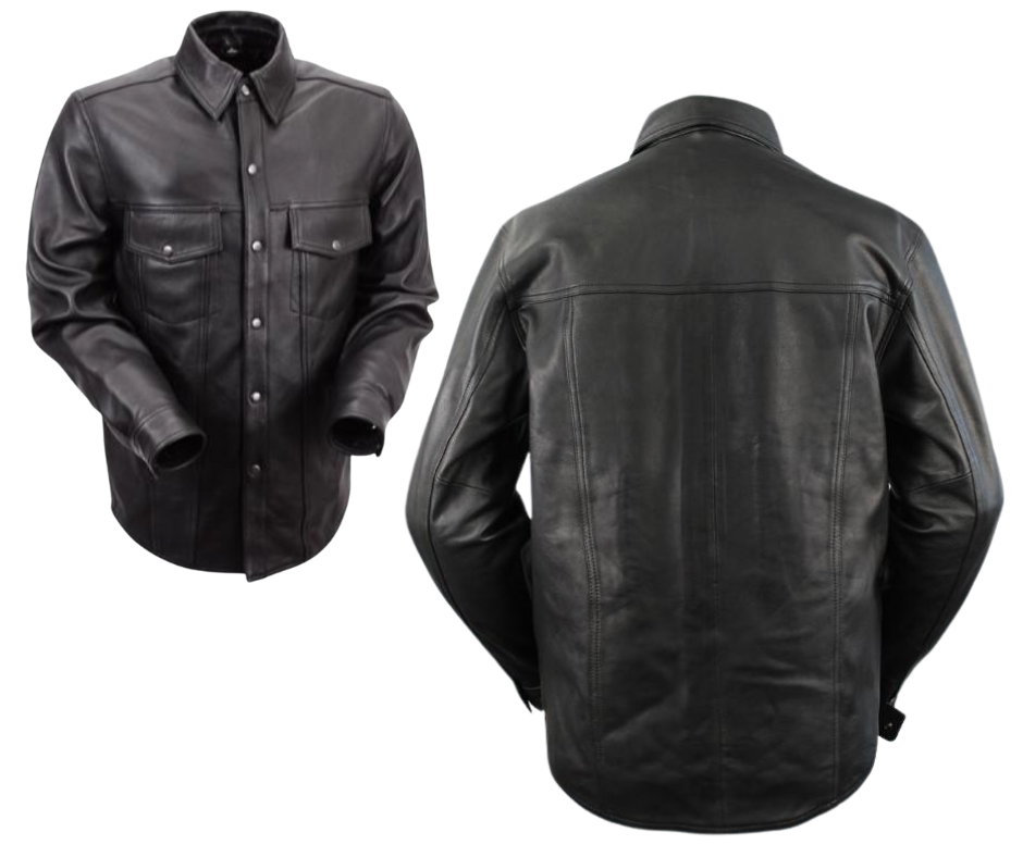 The Milesone Leather Riding shirt will give you that edgy look on your motorcycle or at your favorite burger joint The Milestone gets you there. Naked Goat Skin, Black snaps, 4 outside pockets, 2 inside concealed carry pockets. Snap down collar and Lined. One of our staples at our Smyrna, Tn shop for years now! Sizes S-5XL.