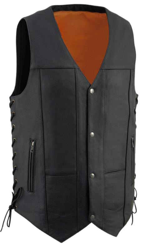 The "Top Biller" TALL 10 Pocket Riding Premium leather riding vest has a traditional style V-neck snap front closure. It has side lace, inside conceal carry pockets, 2 zippered pockets and 2 smaller on the lower front. The back is a solid panel.  Available in our shop in Smyrna, TN, just outside Nashville in Sizes S-8X ...Call for sizing above 5X. Single panel back great for patches.