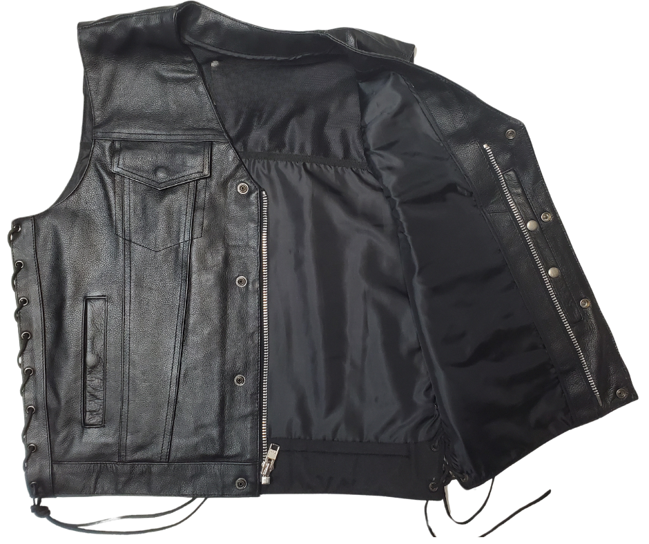 This versatile vest combines the best of Club Style and V-neck designs. Made from durable cowhide, it features side lacing and a convenient snap front closure. Inside, you'll find conceal carry pockets and a 3 panel pack. Stop by our leather shop in Smyrna, TN, near Nashville, to purchase yours in sizes small to 5x.