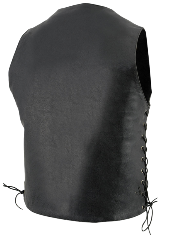The "Top Biller" TALL 10 Pocket Riding Premium leather riding vest has a traditional style V-neck snap front closure. It has side lace, inside conceal carry pockets, 2 zippered pockets and 2 smaller on the lower front. The back is a solid panel.  Available in our shop in Smyrna, TN, just outside Nashville in Sizes S-8X ...Call for sizing above 5X. Single panel back great for patches.