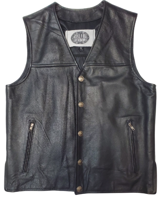 One of the few Solid Side leather vest with a Straight Bottom we stock. The Shiloh is made from soft cowhide and has a v-neck and front Buffalo Nickel design snap closure.  It has a solid back and inside concealed carry pockets on the inside front of each side.  Available for purchase in our shop in Smyrna, TN outside of Nashville.  Available in sizes small to 5x.   Classic style whether you ride in ride a Harley or wear boots and a hat. 