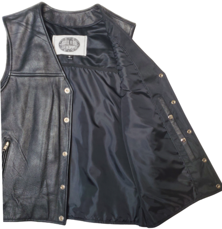 One of the few Solid Side leather vest with a Straight Bottom we stock. The Shiloh is made from soft cowhide and has a v-neck and front Buffalo Nickel design snap closure.  It has a solid back and inside concealed carry pockets on the inside front of each side.  Available for purchase in our shop in Smyrna, TN outside of Nashville.  Available in sizes small to 5x.   Classic style whether you ride in ride a Harley or wear boots and a hat. 
